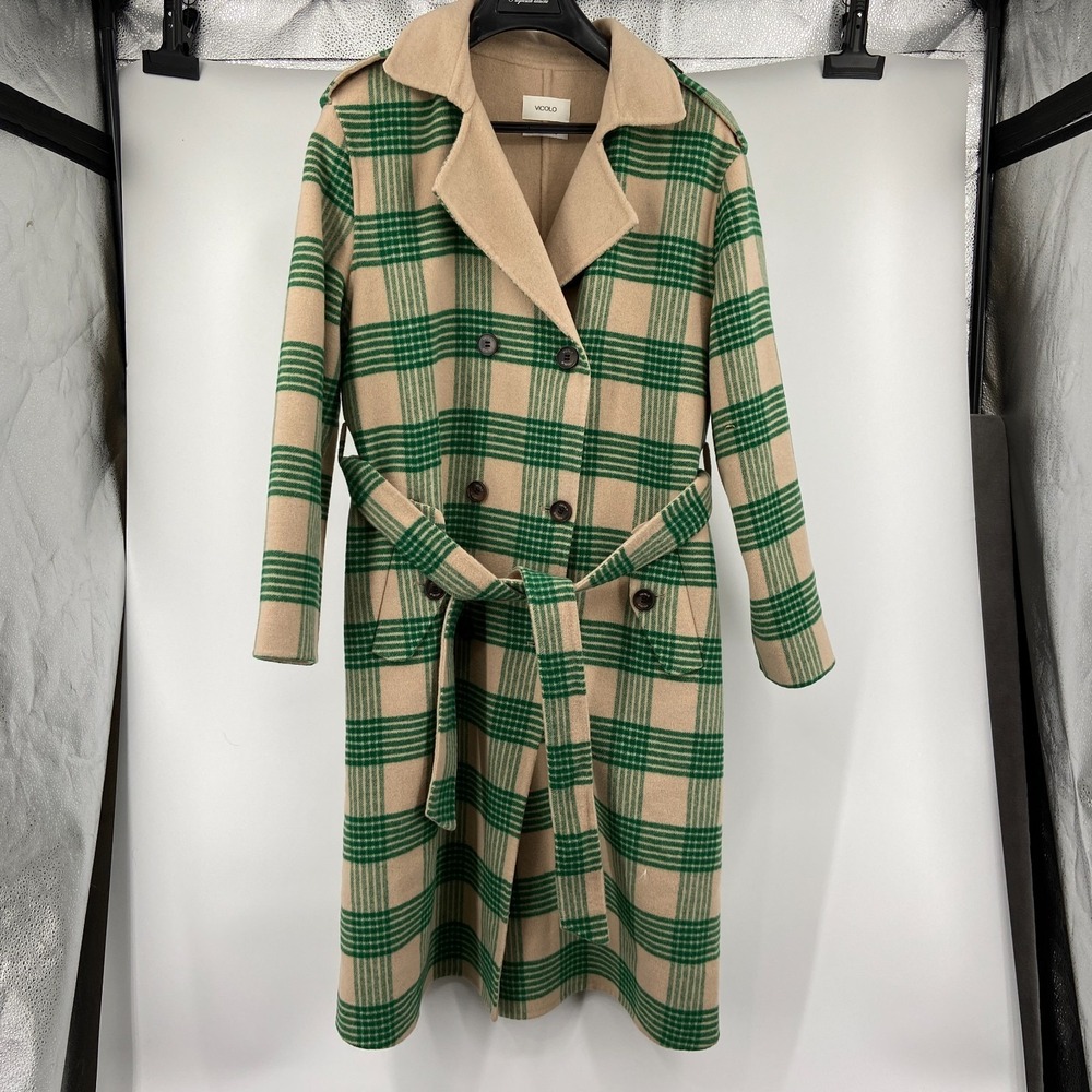 Vicolo Trench Coat Womens Medium Green Beige Check Double Breasted Belted Waist‎